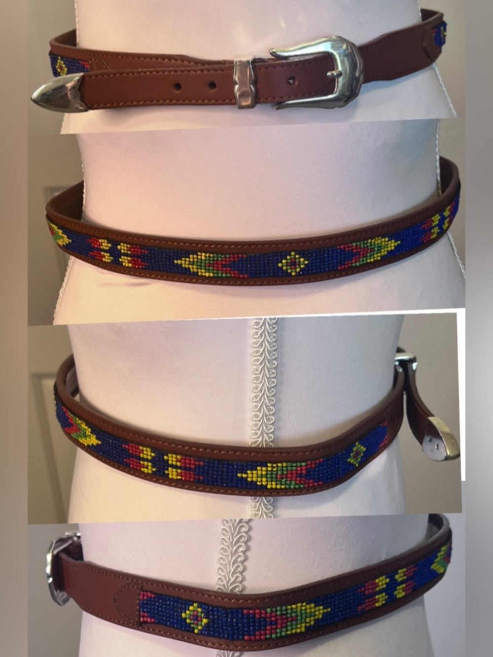 Beaded Brown Latigo Leather Belt Sz 28